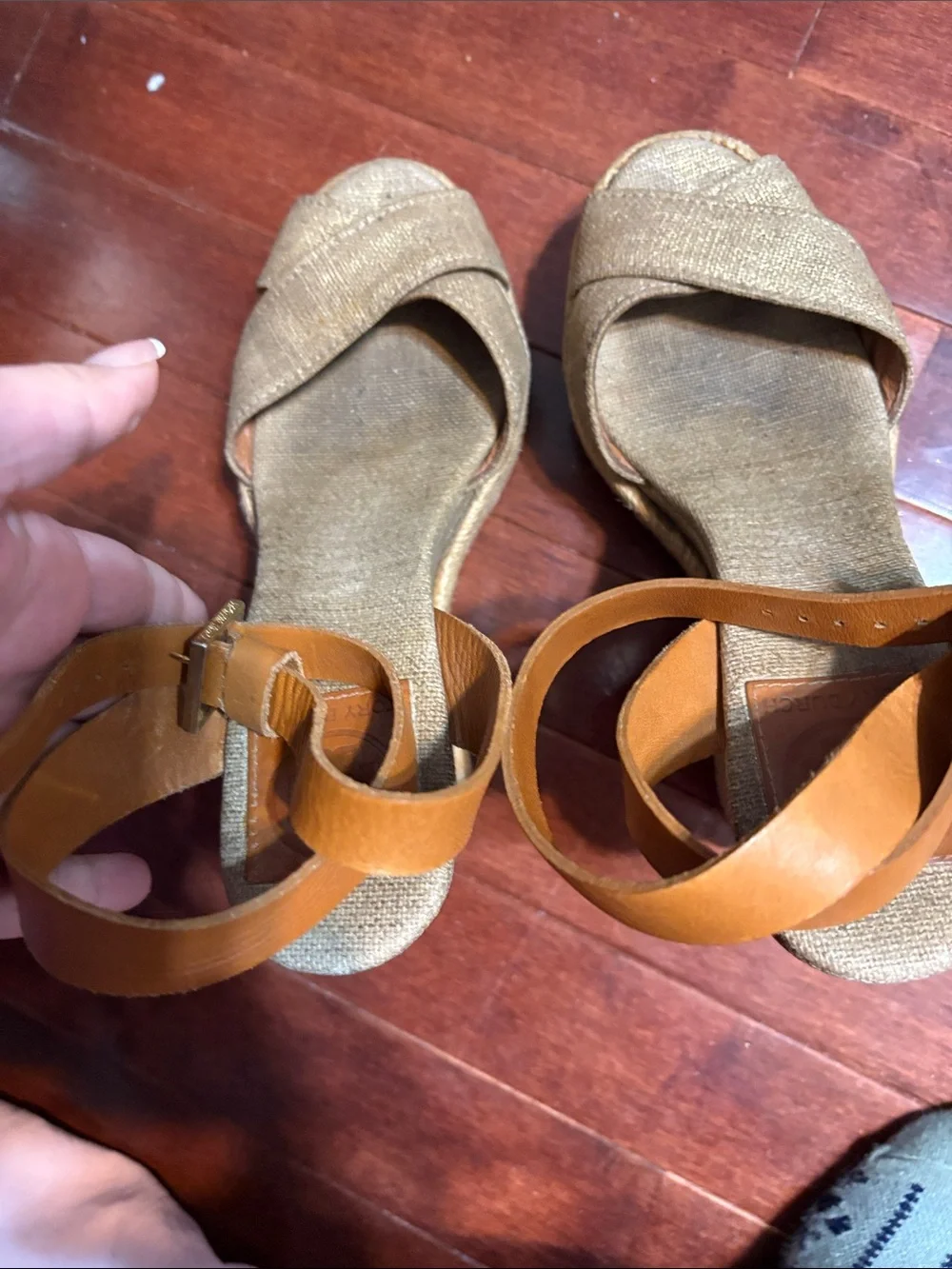Tory Burch Gold Wedge Sandals with Tan Ankle Straps